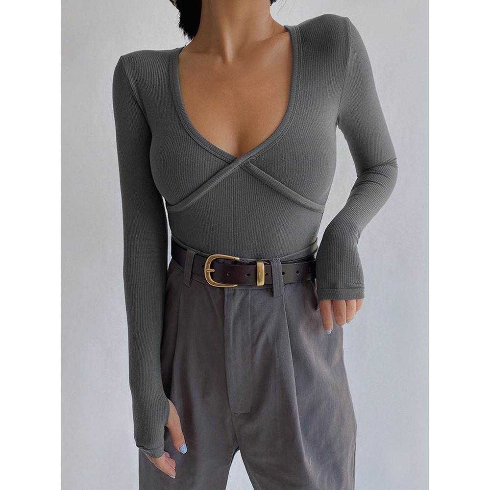 COMMENSE Grey Classic V-Neck Ribbed Long Sleeve Top Size L